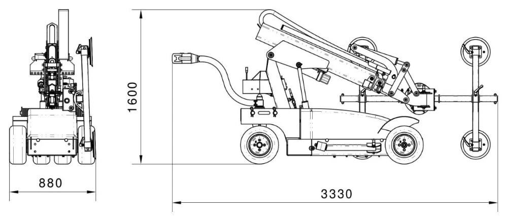 Sānskats un priekšskats: garums 3330 mm, augstums 1600 mm, platums 880 mm